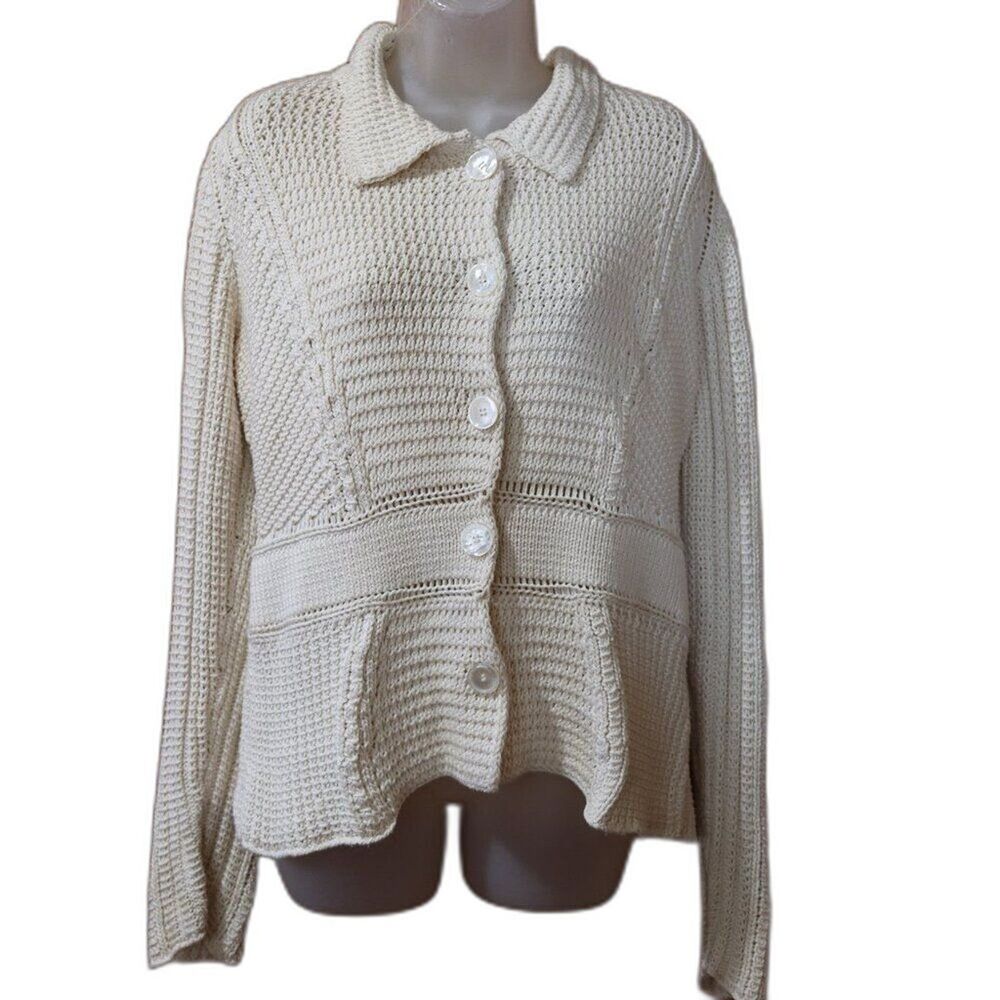 Max Mara Silk Cotton Knit Cardigan Sweater Openwork Crochet Ivory XL
